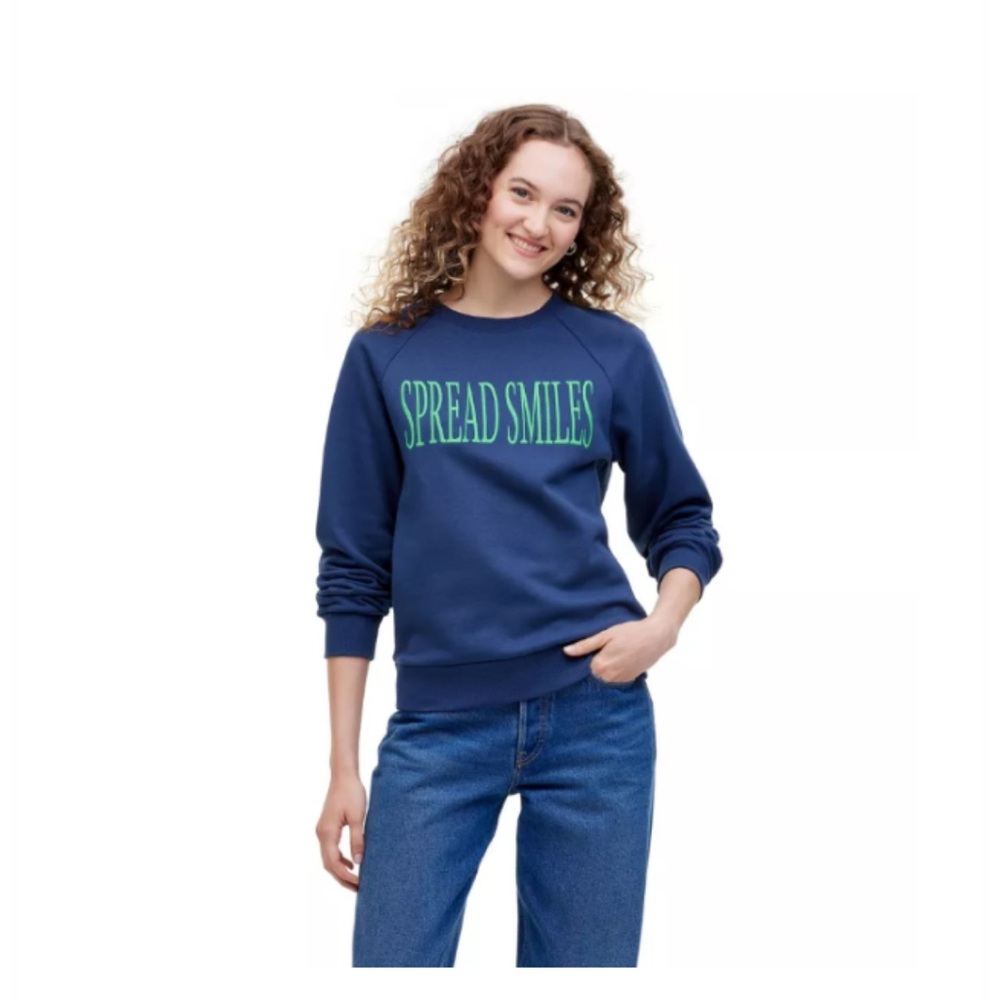 Cuddle Collab Spread Smiles Navy Blue Crewneck Sweatshirt Green Embroidery NWT - Picture 3 of 5